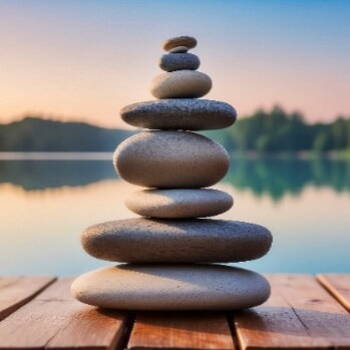 Balancing stones on wood pier